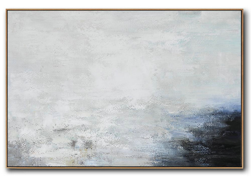 Large Contemporary Art Acrylic Painting,Hand Painted Oversized Horizontal Abstract Landscape Art On Canvas,Size Extra Large Abstract Art,White,Grey,Black.etc